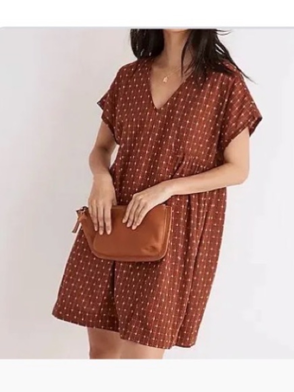 Madewell Rust ( darker burnt orange)  V-Neck Midi Dress with Tiny White Dots